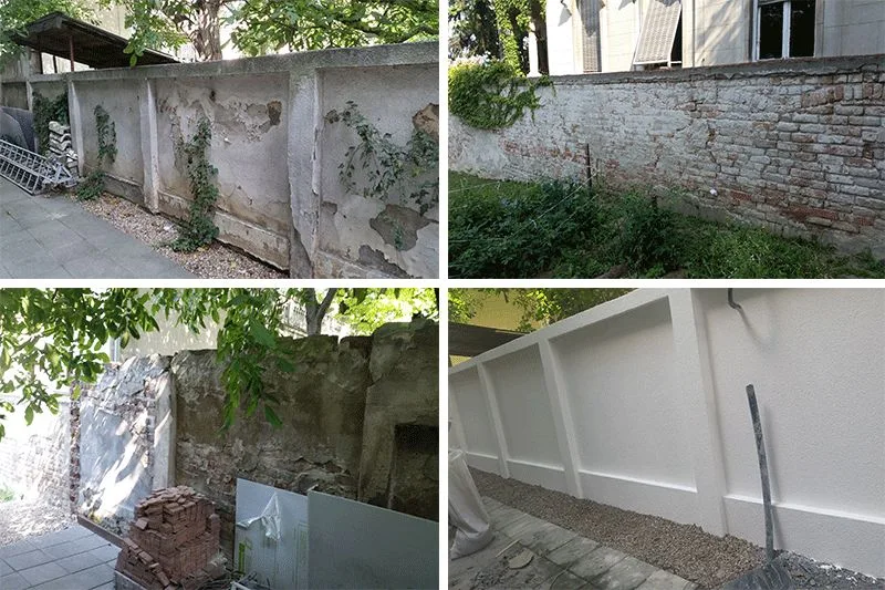Potporni zid u dvorištu pre i posle sanacije — Adaptera Beograd